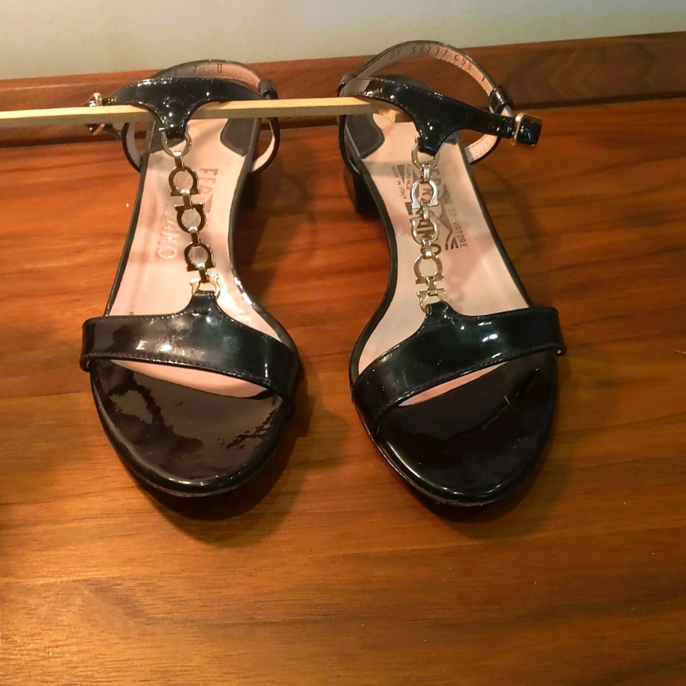 Salvatore Ferragamo patent leather black sandal with gold chain embellishment